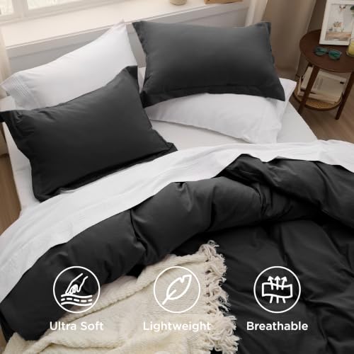 Image of Bedsure Prewashed Duvet Cover Queen, Cotton-Like Soft Bedding Set, Black | Ultra Soft, Relaxed Texture, 90 inchx90 inch Breathable Comfort, Hidden Zipper, 8 Corner Ties, Easy Care, OEKO-TEX, Year-Round Use
