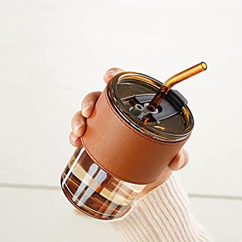 Image of 450ml Glass Sipper Mug with Leather Grip Sleeve - Leak-Proof Lid & Straw | Reusable Tumbler for Hot & Cold Beverages, Water, Juice, Coffee | Home, Bar, Office Use(Pack of 3)