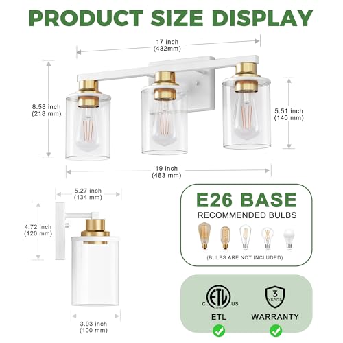 Image of DORESshop 17 Inch 3-Light White Gold Bathroom Vanity Light