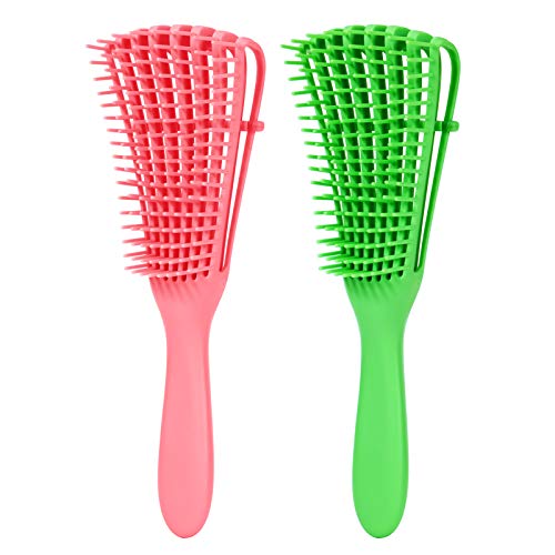 2 Pack Detangling Brush for Curly Hair, Wiisdatek Black Hair Detangler, Afro Textured 3a to 4c Kinky Wavy, Detangle Easily Wet/Dry/Long Hair for Beautiful Shiny Curls (Pink, Green)