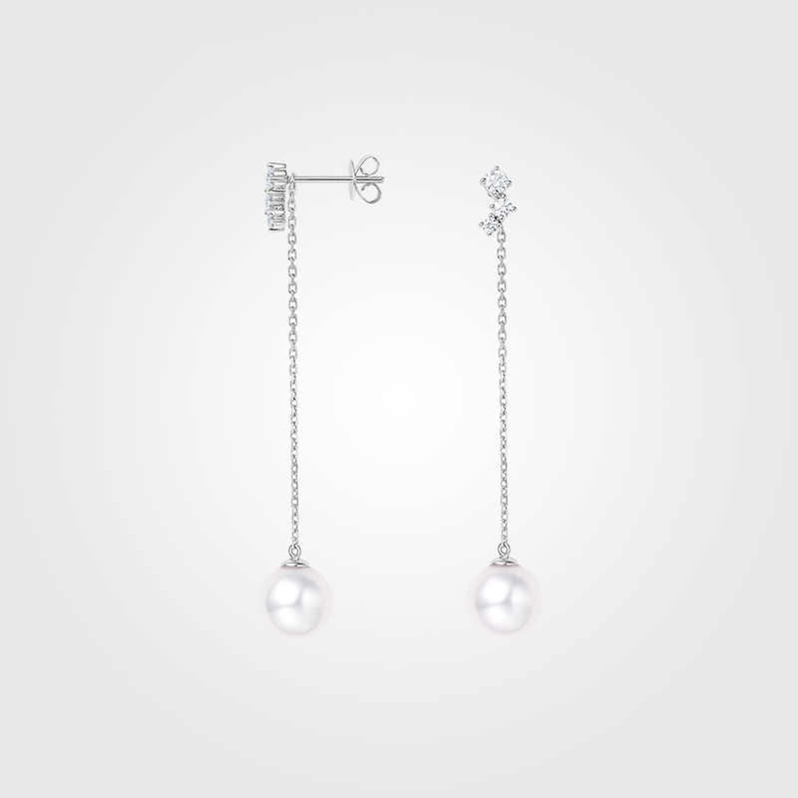 Kolczyki damskie 9K / 14K / 18K Białe Złoto 750, Perła 7,5-8 MM 0,22 ct Diament, Kolczyki wiszące damskie srebrne