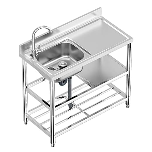 Free Standing Stainless-Steel Single Bowl Commercial Restaurant Kitchen Sink Set w/Faucet & Drainboard, Prep & Utility Washing Hand Basin w/Workbench & Double Storage Shelves Indoor Outdoor (39.5in)