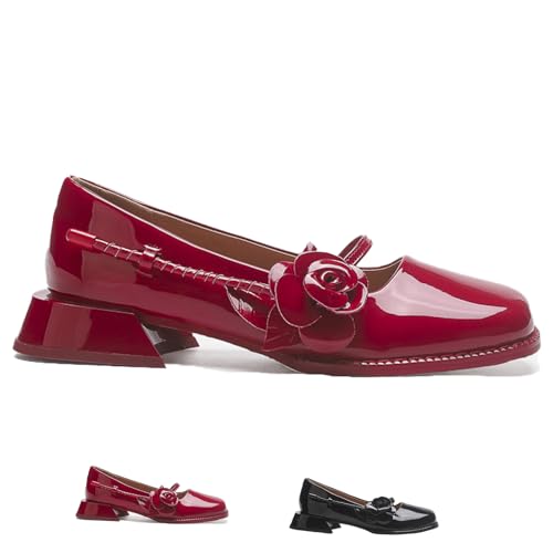 Women's Square Toe Block Heel Mary Janes Shoes,Fashion Side Flowers Comfortable Closed Toe Work Pumps Slip on Chunky Heel Dress Shoes