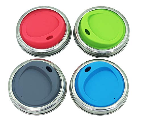 Image of THINKCHANCES Reusable Food Grade BPA Free Silicone Sip Coffee Juice Drinking Lid Kit with Stainless Steel Rings for Mason, Ball, Canning Jars, Pack of 4 Sets (Regular Mouth,Oval Drinking Hole)