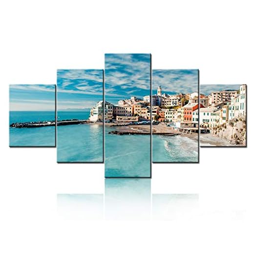 5 Panel Wall Art Painting Bogliasco is a Ancient Fishing Village in Italy, Genoa, Liguria Prints On Canvas The Picture City Pictures Oil for Home Modern Decoration Print Decor Ready to Hang60"W x 32"H