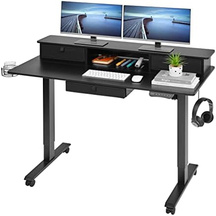 LAGRIMA Height Adjustable Standing Desk, 55 x 24 Inches Electric Sit Stand Desk with 3 Drawers and Storage Shelf, Stand up Desk Home Office Desk with 4 Memory Presets(Black), desk7050