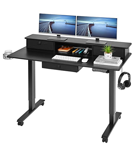 Lagrima Height Adjustable Standing Desk, 55 X 24 Inches Electric Sit Stand Desk With 3 Drawers And Storage Shelf, Stand Up Desk Home Office Desk With 4 Memory Presets(Black), Desk7050 #TOP4