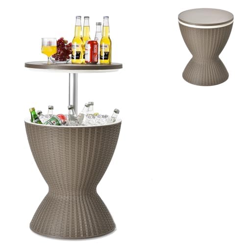 GYMAX Cool Bar 30L Mesa Auxiliar 3 en 1 con Tablero Extensible para Bebidas y Aperitivos, Enfriador de Bebidas en Aspecto de Ratán, Enfriador de Cerveza y Vino para Jardín, Terraza (Marrón)