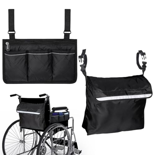 2 pièces Sac multifonctionnel pour fauteuil roulant, sac pour fauteuil roulant, tissu Oxford, imperméable et résistant à l'humidité, rangement multifonctionnel, avec bandes réfléchissantes