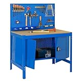 Simon Rack Banco de Trabajo Taller, Capacidad Carga 400 kg, 1445x910x610 mm, Mesa de Trabajo, Guarda Herramientas, Azul/Madera - BT2