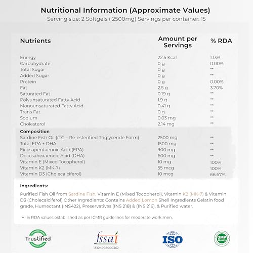 Image of Re-Esterified Triglyceride (RTG) Form Omega 3 Fish Oil Capsules | Triple 3X Strength 450mg EPA & 300mg DHA | Vitamin D3 K2-MK7 & Vitamin E | Lemon Flavour | Burpless | 30 Softgels