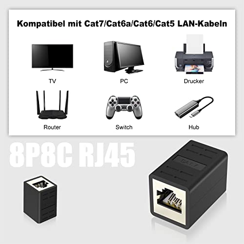 6. Bild von VCELINK RJ45 Kupplung, LAN Kabel Verlängerung Geschirmt, Cat7/Cat6a/Cat6/Cat5e Netzwerkkabel Verbinder, LAN Verbinder POE, LAN Verlängerung Buchse zu Buchse, Schwarz, 2 Stück 2 Stück