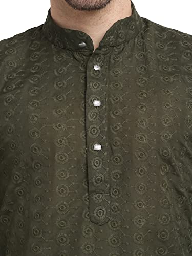 Image of Jompers Men Green Ethnic Embroidered Pure Cotton Kurtas.