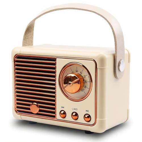 Leikurvo Mini altavoz Bluetooth portátil, altavoz en forma de radio, caja de música retro, caja portátil Bluetooth 5.0 para habitación/oficina/salón, regalo de cumpleaños (beige)