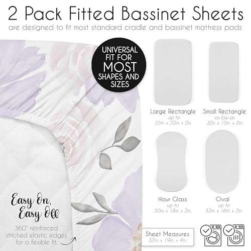 Image of Sweet Jojo Designs 2-Piece Baby Bassinet Sheets Set (Purple /Grey Boho Floral) for Girls, Infant Newborn Nursery, Oval, Rectangle & Hourglass Mattress (Lavender, Vintage Watercolor Garden, Shabby Chic)