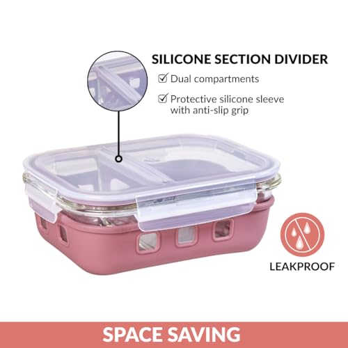 Image of Nestasia Glass Lunch Box with Silicone Sleeve (600ml) - Borosilicate Glass Lunch Box with 2 Compartments for Office | Microwave & Freezer Safe, Leak-Proof Tiffin Box with Clip Locks (Mauve)