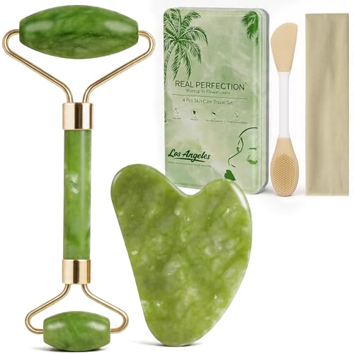 Real Perfection Gua Sha Facial Tools Face Roller for Wrinkles Jade Roller and Gua Sha Set, Scrubber Pore Brush Headband Skin Care Tools for Travel Skincare Routine Massaging Reducing Puffiness - Green