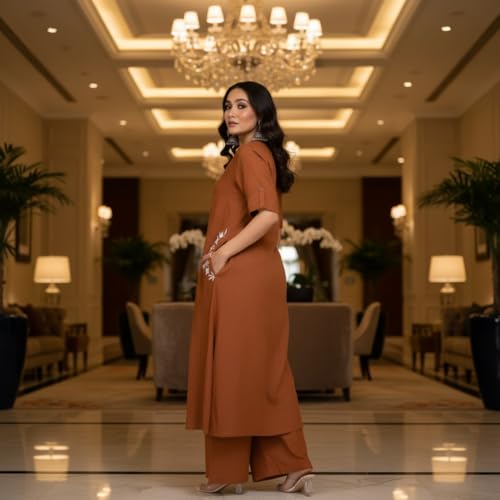Image of MITZO Cotton Straight Kurta with Palazzo | Co-Ord Set for Women | Stylish Kurta Set for Women | Party & Casual Wear Kurti Set