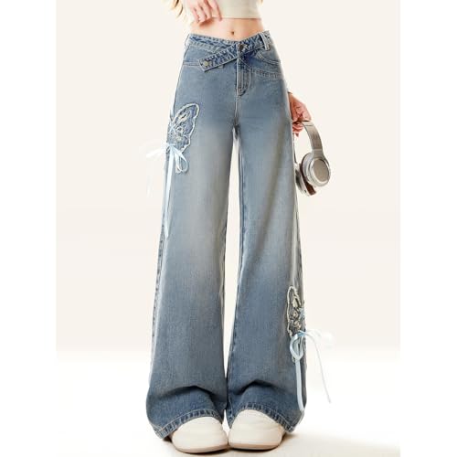 Kawaii Casual High Waisted Straight Leg Jeans for Women Y2K Fashion Side Butterfly Patchwork Denim Pants3