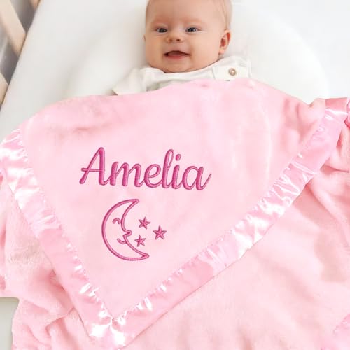 Personalized Baby Blanket with Embroidered Name Custom Baby Receiving Blankets Soft Fleece Toddler Blanket for Newborn Baby Girl Shower Gifts -36 x 36