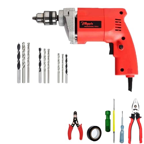 Image of Hillgrove HGCM1115M3 500W Drill Machine with 5Pcs Hand Tool Kit, 9Pcs Drill Bit Set for Making Holes in Metal /Wood /Concrete Pistol Grip Drill (10 mm Chuck Size)