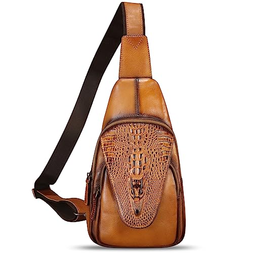 Image of Genuine Leather Sling Bag Embossed Crocodile Pattern Leather Crossbody Sling Backpack Handmade Chest Purse Daypack (Brown)