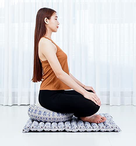 Image of Leewadee Meditation Cushion Set - 1 Round Zafu Meditation Pillow and 1 Square Roll-Up Zabuton Meditation Mat, Pillows Bundle Filled with Kapok