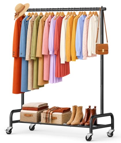 SLEEPING LAMB Heavy Duty Clothing Racks for Hanging Clothes Rack, 43' Wide Rolling Garment Rack Metal Clothing Hanger Rack with Wheels Wardrobe Rack for Coats, Shirts, Dress, (Black)