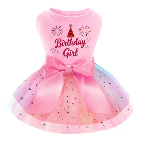 Blzedim Dog Birthday Outfit for Small Dogs Girl Sparkly Rainbow Dog Birthday Dress Tulle with Big Bowknot Puppy Clothes Pink Fireworks Little Princess Pet Dress (S)