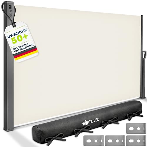 tillvex® Seitenmarkise 160 x 350 cm ausziehbar & Blickdicht mit Regencover | Sichtschutz Balkon, Garten & Terrasse | Seitenrollo mit Wandhalterung | Sonnenschutz Markise aus rostfreiem Stahl