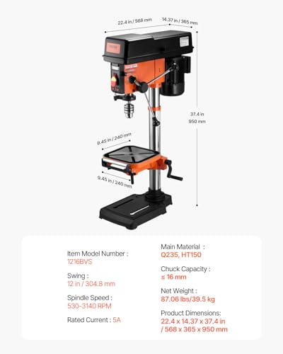 VEVOR 12-Inch Variable Speed Benchtop Drill Press