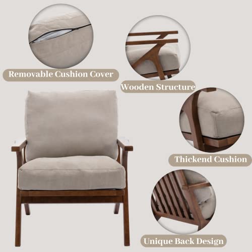 Mid Century Modern Accent Chair Upholstered Armchair Comfy Lounge Chair Indoor Arm Chair For Bedroom Living Room, Cream Fabric #TOP4