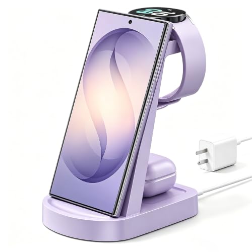 Image of Wireless Charging Station for Samsung /Android, Fast Wireless Watch Charger Station Compatible for Samsung Galaxy S26 Ultra /S25 /S24+ /Z Flip 7 /6 Fold 7 /6, Watch8 /7 /Pro /Active 2 Galaxy Buds3 /2 Pro(Purple