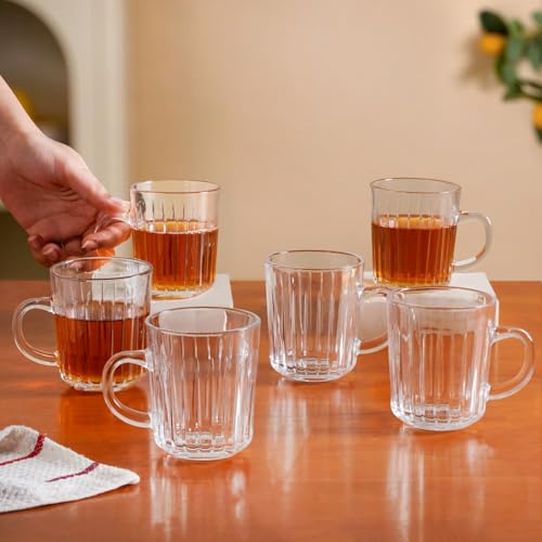 Image of Nestasia Set of 6 Transparent Glass Tea Cups (230ml Each) - Ribbed Durable & Chip-Resistant Coffee Mugs | Perfect for Coffee, Tea, Hot & Cold Beverages