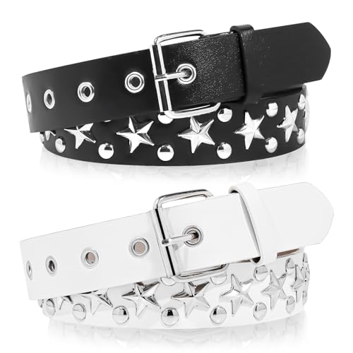 2 Pcs Black Studded Belt, Y2K Belt Star Goth EMO Punk Rock with Bright Pyramid Studded for Women Men (Black White)