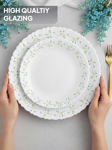Image of CELLO Tropical Lagoon Dazzle Series Opalware Dinner Set of 27 Pieces For Family of 6 | Bone-Ash Free & Leadfree Opal Glass, Microwave & Dishwasher Safe Plates & Bowls Crockery Set For Dining & Gifting