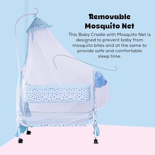 Image of BAYBEE CozyNest Baby Cradle and Swing Jhula for Newborn Babies with Removable Mosquito Net, Washable Fabric, Lockable Wheels & Safe Sleeping Bed Crib for Infants Up to 2 Years (Blue)