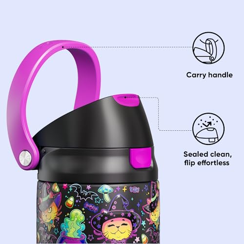 Image of Encool SwiftSip Insulated Stainless Steel Water Bottle with Straw - Leak Proof Sports Water Bottle for School, Travel, Keeps Cold All Day, One-Touch Flip Lid, BPA-Free, 24 oz, Meowgic Night