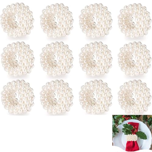 Roundsky Servilletas Anillo Juego de 12 Piezas, Perlas Blancas Servilletas Boda Hebilla Decoración de Mesa
