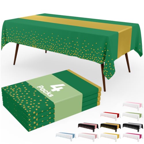 Image of Smiry Plastic Table Cloth Disposable 4 Pack, 54 x 108 Inch Rectangle Waterproof Tablecloth, Printed Gold Table Runner Style for Birthday Weeding, Party Decorations, Sturdy, Christmas Green and Gold
