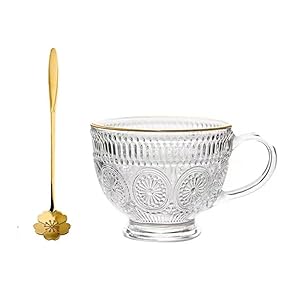 Personality Coffee Cup, Coffee cups, Coffee Cup* Ceramic Coffee Cup Set, Glass Tea Cups with Spoons, Clear Embossed Glass Cups, Glass Coffee Cups for Cereal, Yogurt, Milk