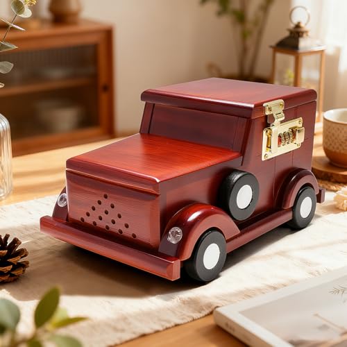 Image of Solid Wood Car Model Piggy Bank Saving Box 9.45''L | Dual Currency Storage | Password Lock Design |Vehicle Collection Desk Cabinet Office Home Decor | Creative Gift Collectible