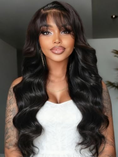 Image of Beauty Forever 13x4 Lace Front Human Hair Wig Pre Everything Loose Wave Glueless Wig with Wispy Air Bangs Side Part Fluffy Wave Drawstring Wig Pre Plucked Pre Cut Bleached Knots 150% Density 22inch