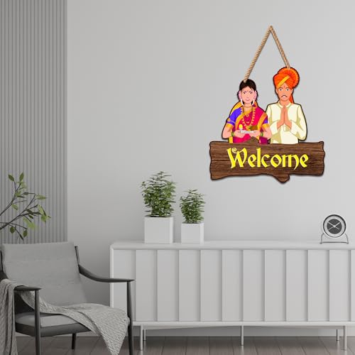 Image of Decor Smart Wooden Wall Hanging | Traditional Welcome Plaque | Decorative Wall Art with Indian Couple in Ethnic Attire | Home Decor Accent | Decoration for Bedroom & Living Room | Cafe (DWA 8702)