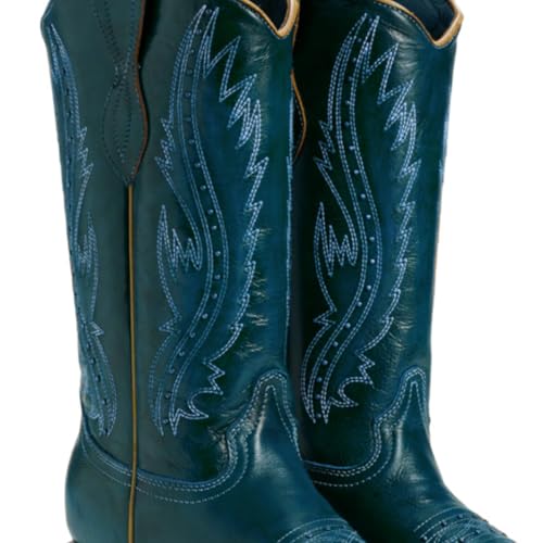 Women Vintage Embroidered Cowboy Boots Knee High Western Boots Chunky Stacked Heel Pointed Square Toe Mid Calf Cowgirl Boots Metallic Matte Pull On V Cut Fall Boot Exotic 4-11 M US4