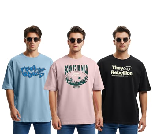 Image of Cotton Blend Oversized Baggy Fit Drop Shoulder Round Neck Graphic Printed Half Sleeve T-Shirt Combo for Men (Pack of 3)
