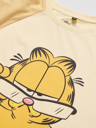 Image of The Souled Store Garfield: Purrfectly Lazy Women and Girls Short Sleeves Round Neck Yellow Graphic Printed Cotton Oversized T-Shirts