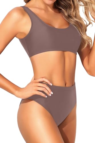 Image of Tempt Me Women Sporty Bikini Set Two Piece High Waisted Swimsuit Athletic Scoop Neck Bathing Suit