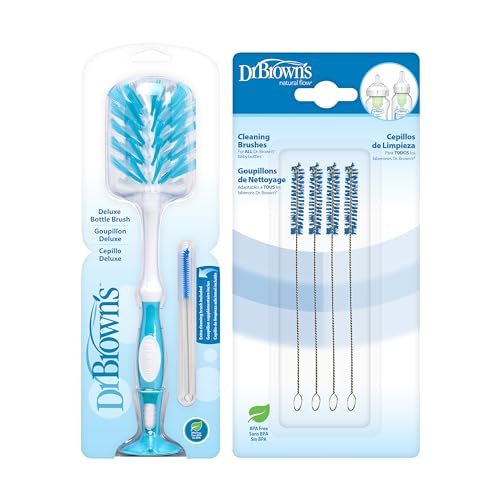Image of Dr. Brown's Deluxe Baby Bottle Cleaning Brush with Vent Brush, 1-Pack + Dr. Brown's Anti-Colic Options+ Vent/Reservoir Cleaning Brushes, BPA-Free, Blue, 5 Count