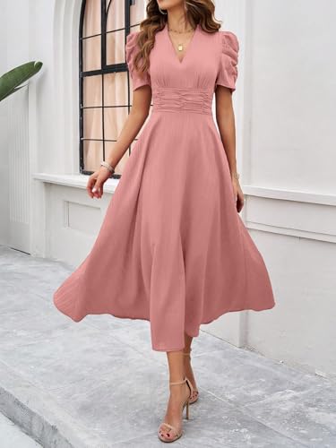 Image of Shasmi Girl's & Women's Solid Color V-Neck A-Line Maxi Dress for Women | New Year Party Outfit | Waist Cinched Puff Sleeve Western | Elegant Casual Wear (Dress 246)